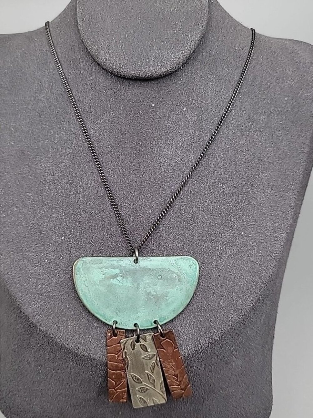 Sterling Silver Painted & Embossed Copper Pendant Necklace 18" 925 Chain